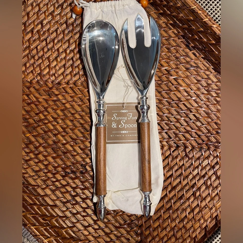 Beautiful Two’s Company Silver Serving Spoon and Fork Set with wood detailing.
